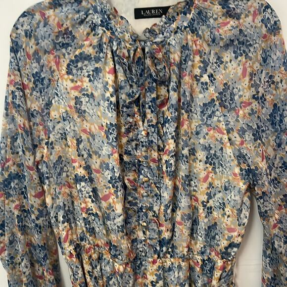 LAUREN RALPH LAUREN FLORAL CRINKLE GEORGETTE TIE NECK TIERED DRESS SIZE 10 - Picture 6 of 15